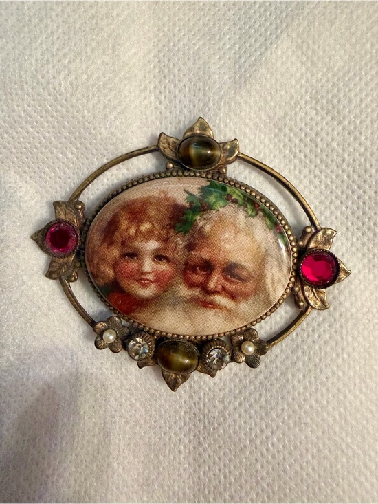Sweet Romance Jewelry - Sweet Romance Vintage Santa & Child Portrait Brooch with Red and Green Accents